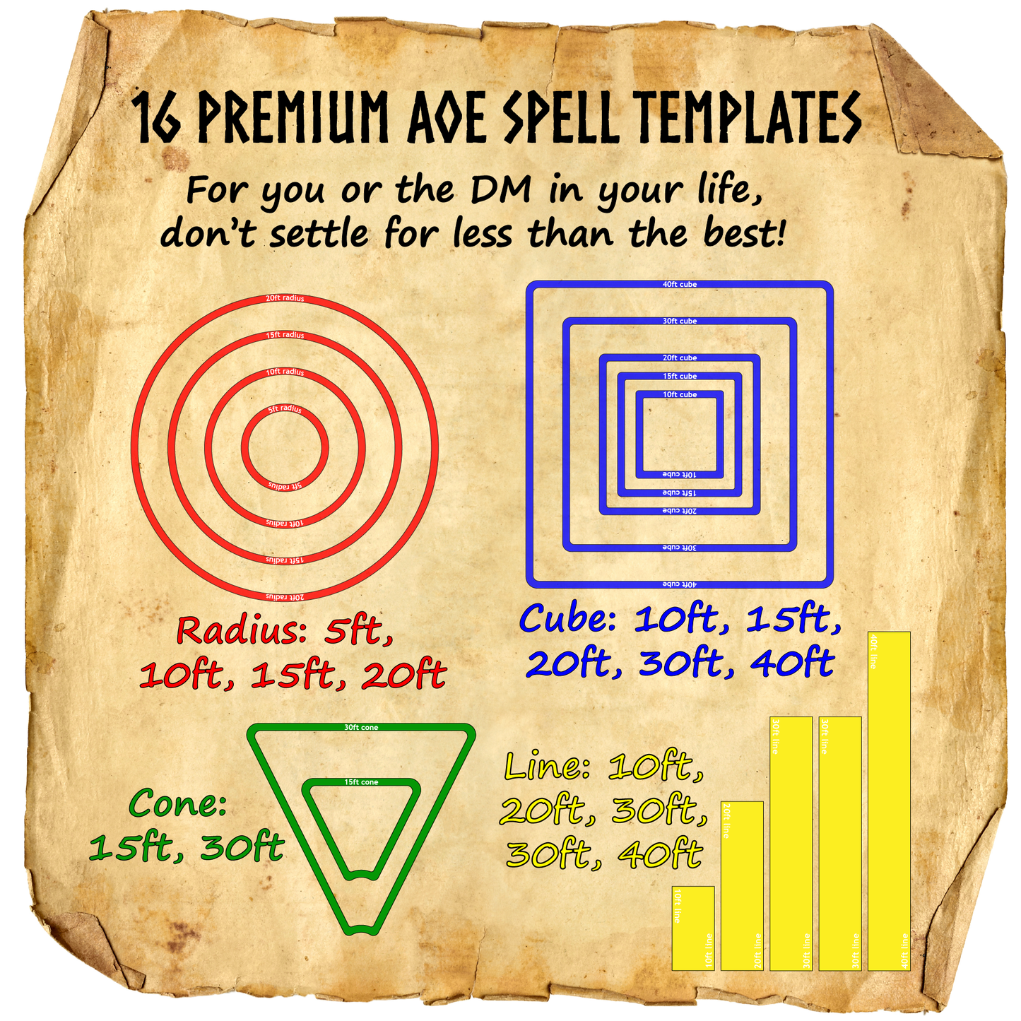 DND Area of Effect Spell Templates - Set of 16 AOE Markers for RPG