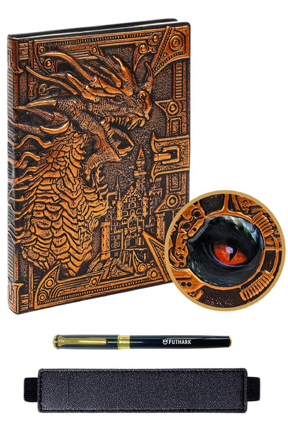 DND Notebook Journal - 200 Pages with 3D Bronze Dragon including Pen & Pen Holder